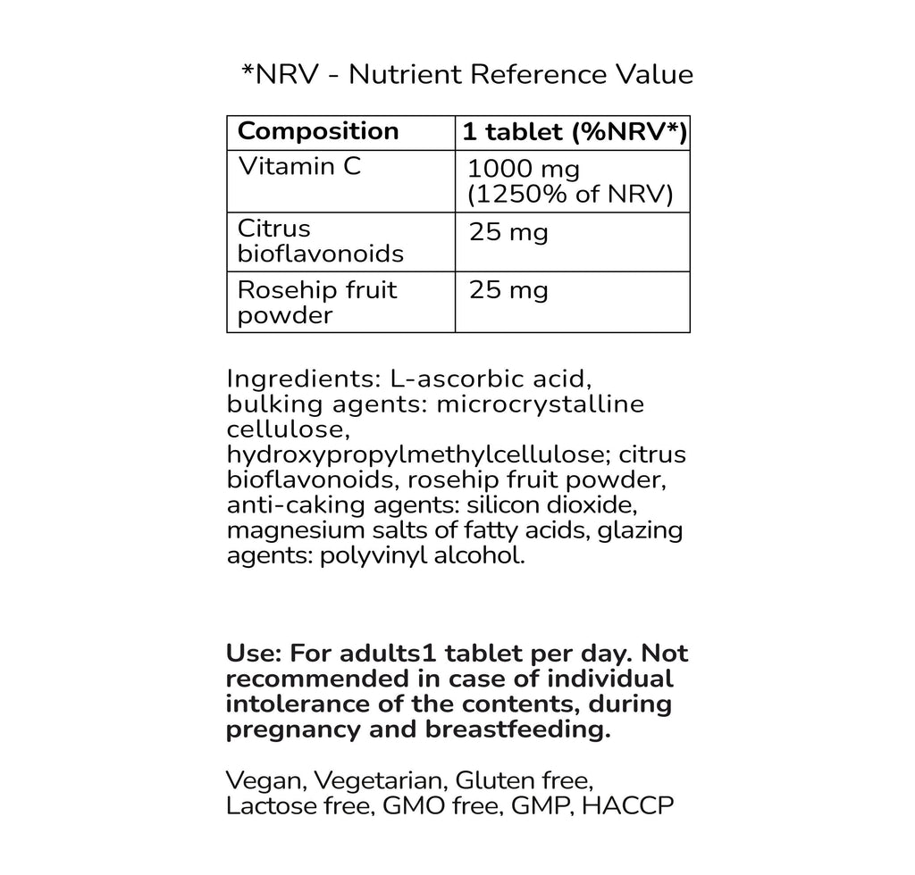 Vitamin C 1000 mg + Bioflavonoids + Rosehip – Immune Support